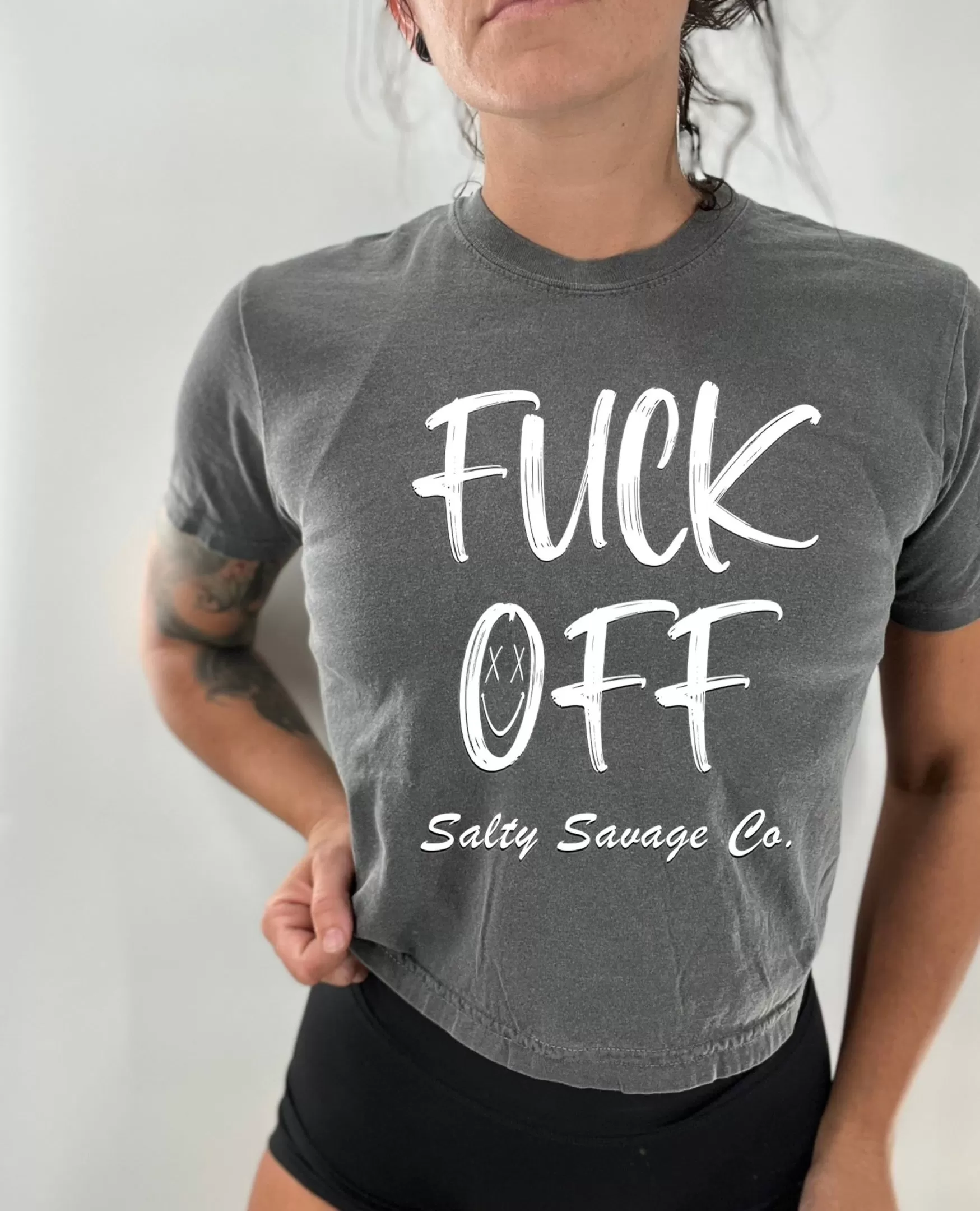 Salty Savage Ladies "FUCK OFF" Mineral Washed Crop Tee