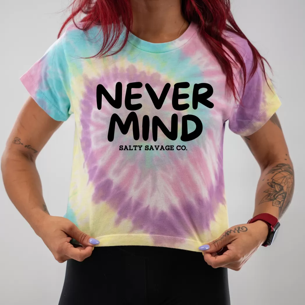 Salty Savage Ladies "NEVERMIND" Spiral Tie Dye Crop Tee