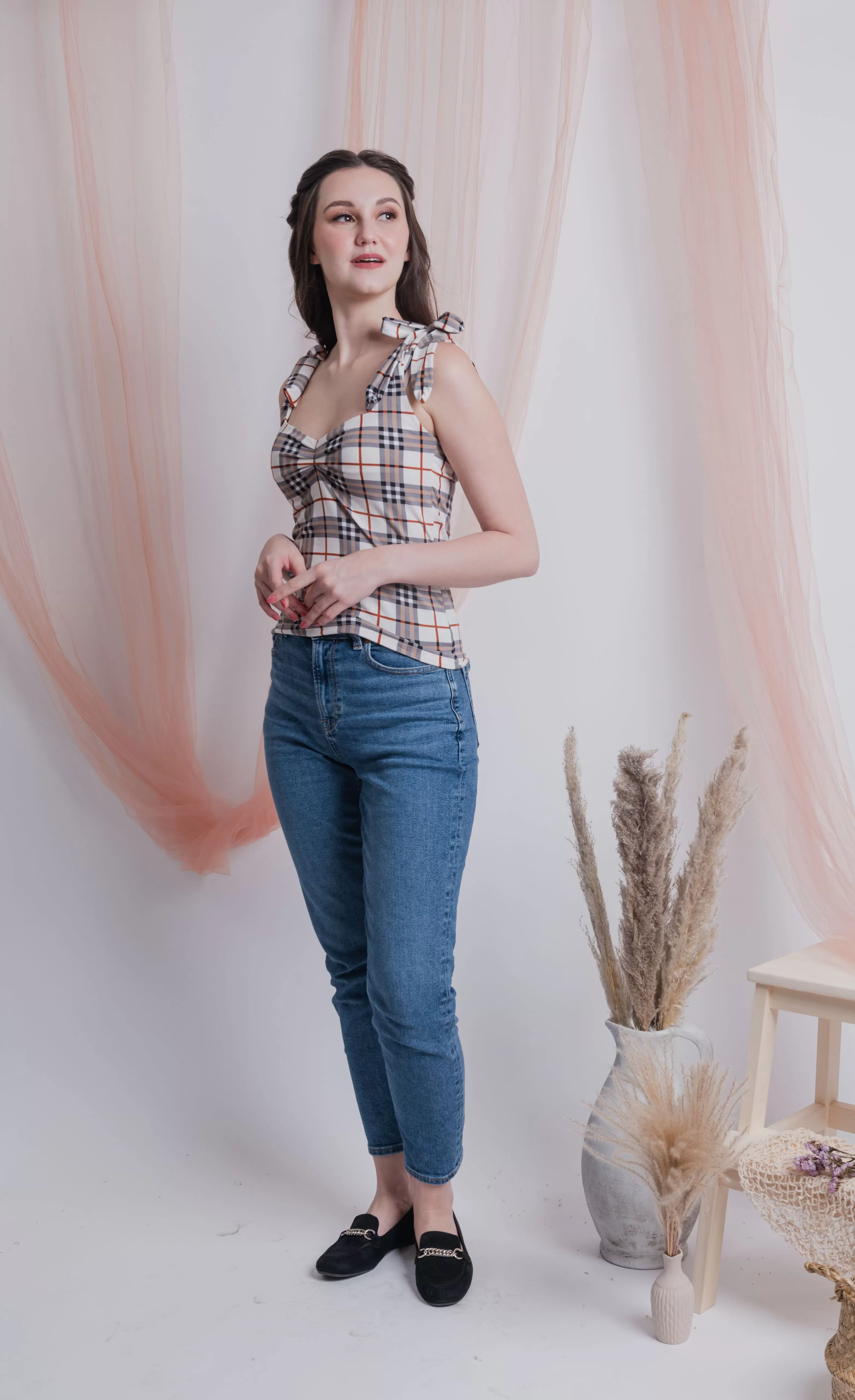 Self Tie Ribbon Top White Checkered