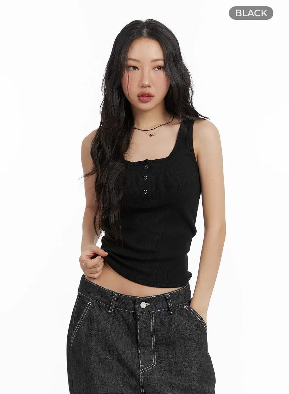 Solid Rib Button-Up Tank Crop Top CM425