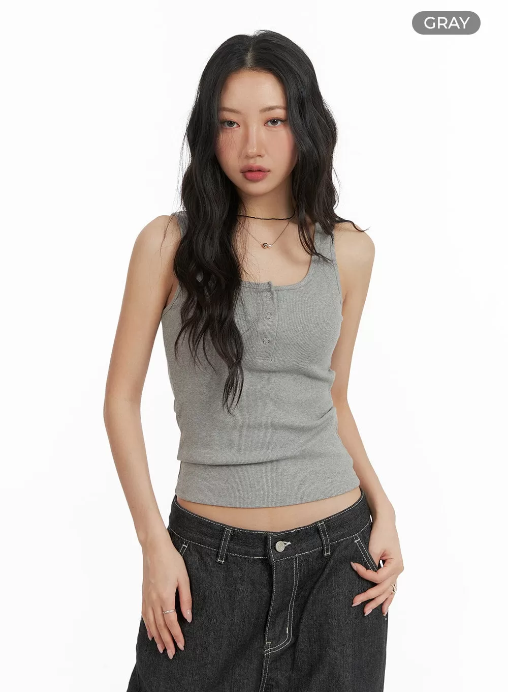 Solid Rib Button-Up Tank Crop Top CM425