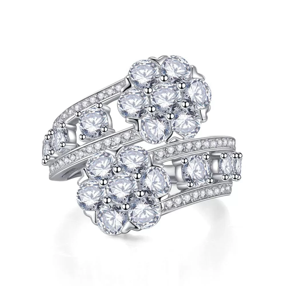 Sparkling Intertwined Diamond Flowers 925 Sterling Silver Ring