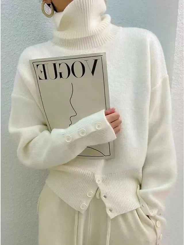 Stylish Women's White Crochet Knit Turtleneck Sweater