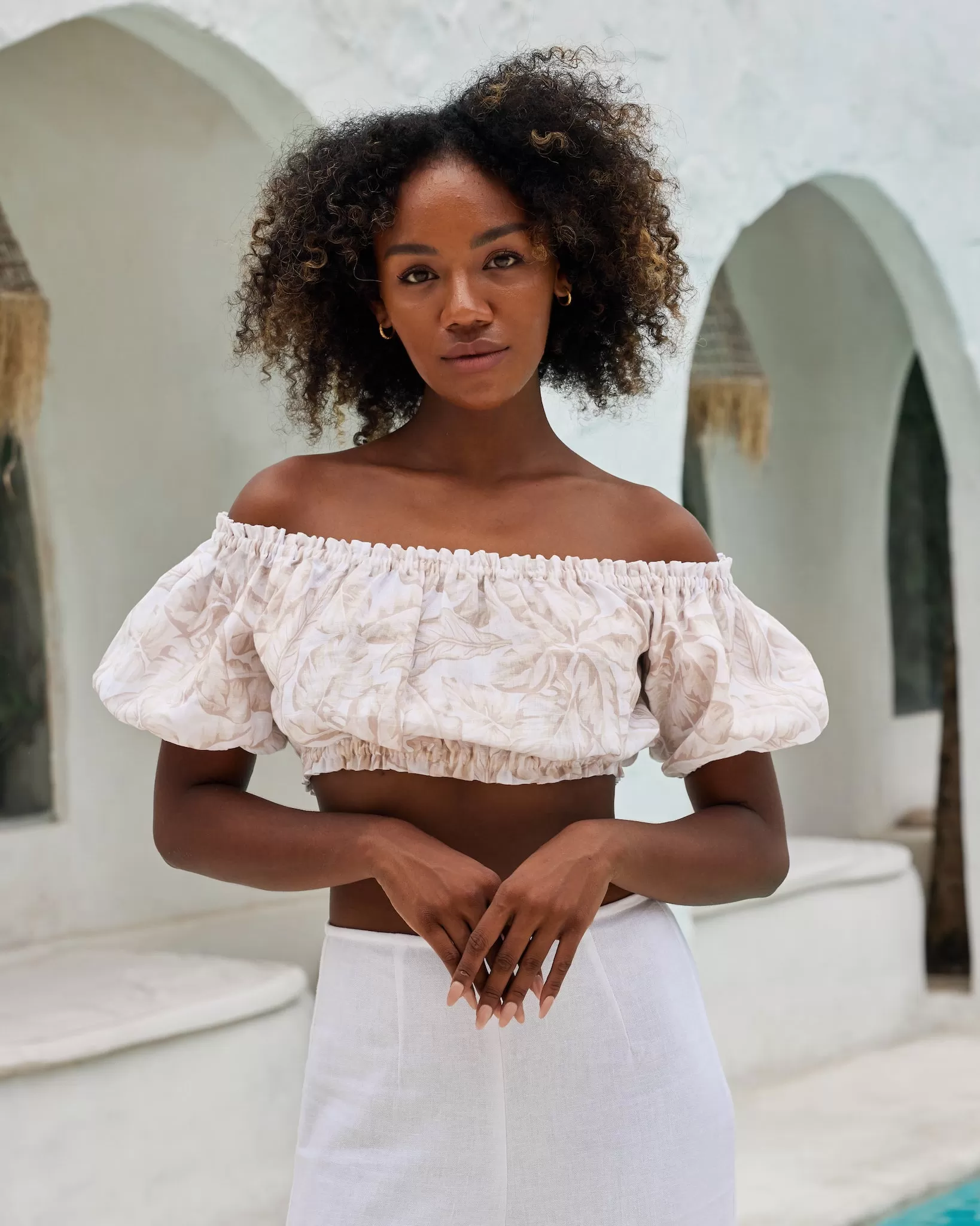 The Grenada - Linen Off-the-Shoulder Crop Top