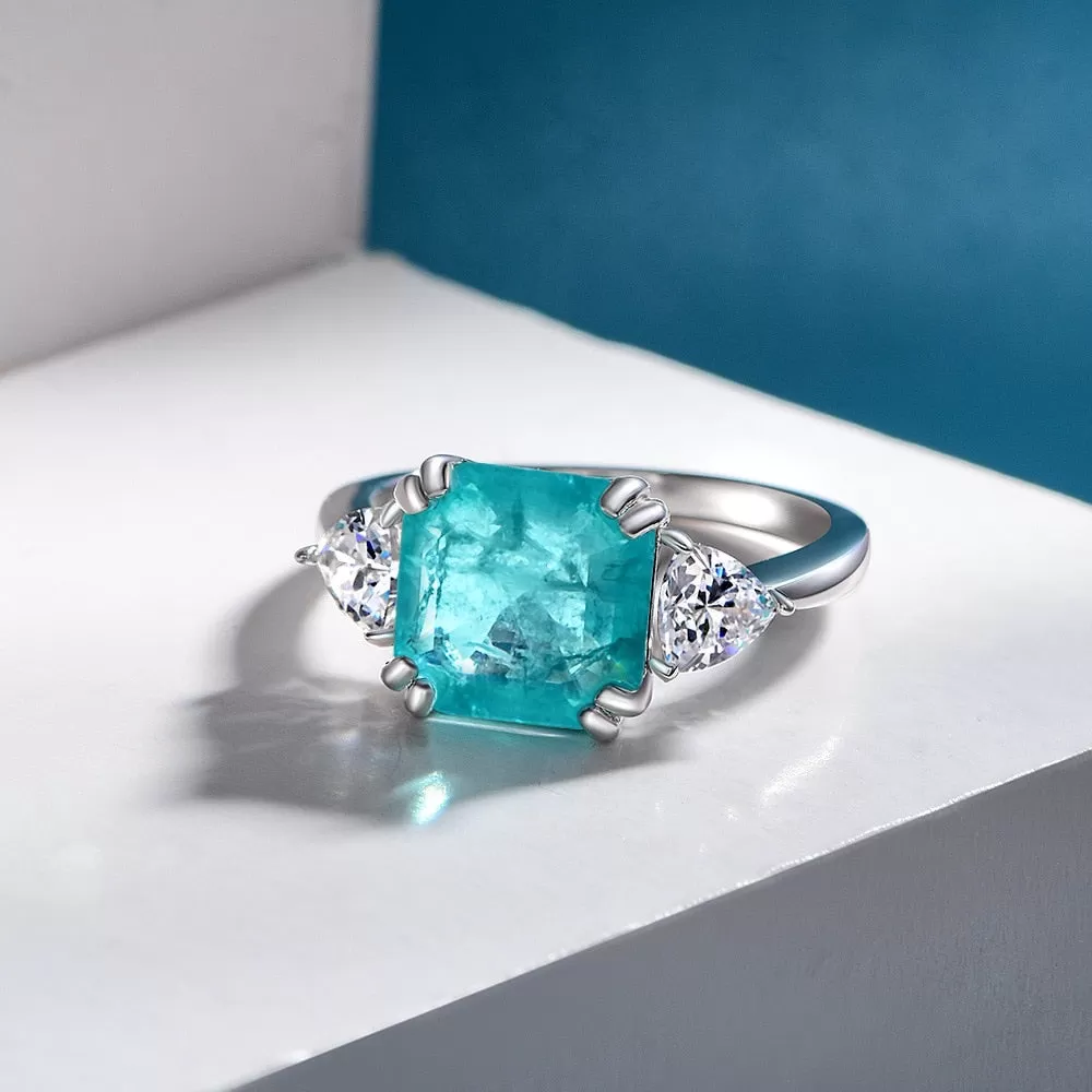 Three Stone Princess Cut Paraiba Tourmaline Ring in Sterling Silver