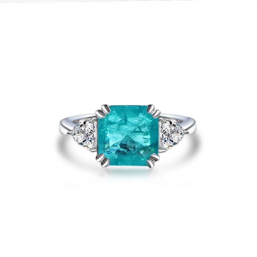 Three Stone Princess Cut Paraiba Tourmaline Ring in Sterling Silver