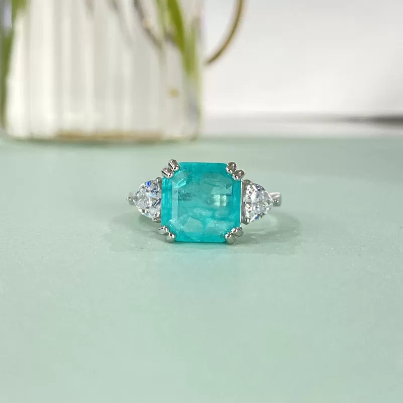 Three Stone Princess Cut Paraiba Tourmaline Ring in Sterling Silver