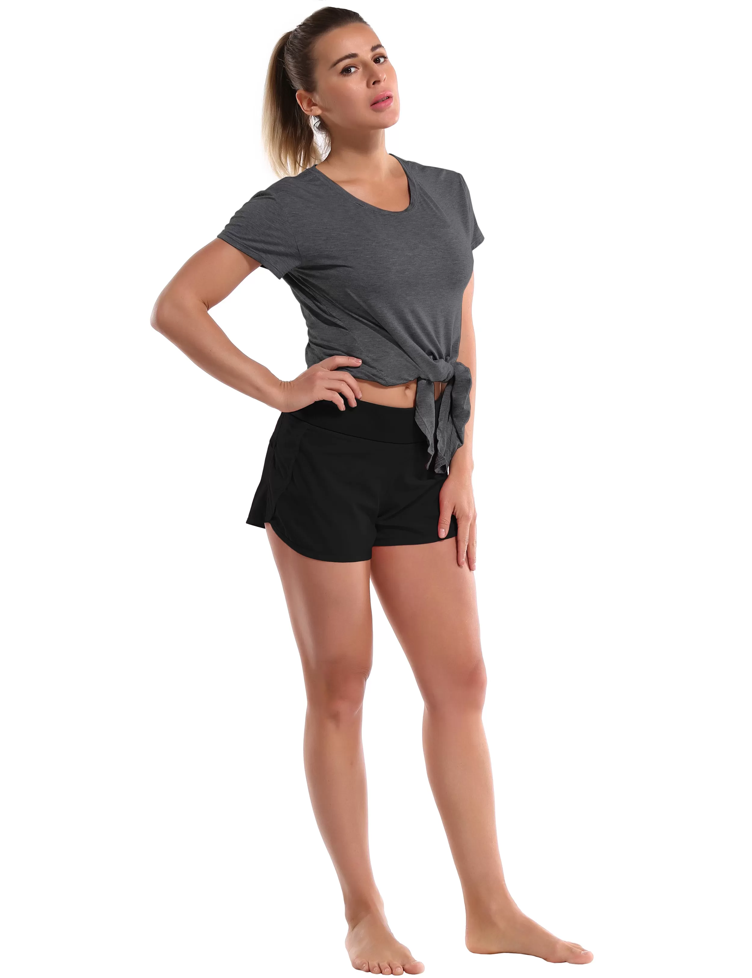 Tie Up Crop Top Short Sleeve T-Shirt heathercharcoal ins