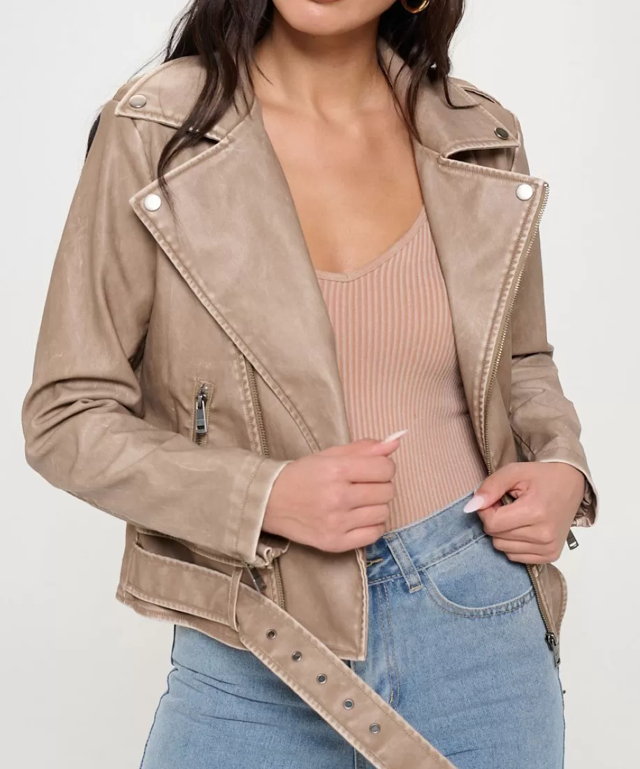 Vegan Leather Moto Jacket - Khaki