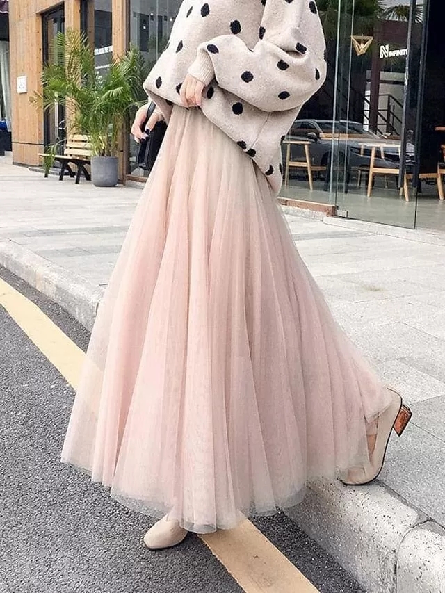 Versatile Tulle Midi Skirt for Women - Black, White, Pink, and Camel