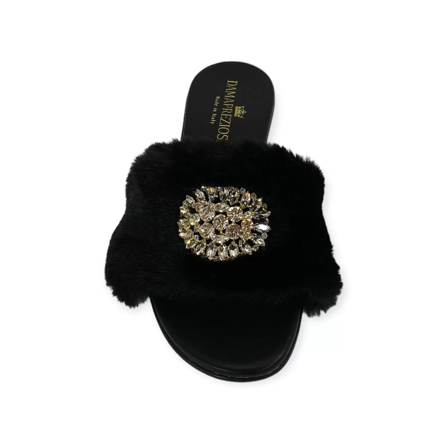 Victoria flat mule in black faux fur with crystals