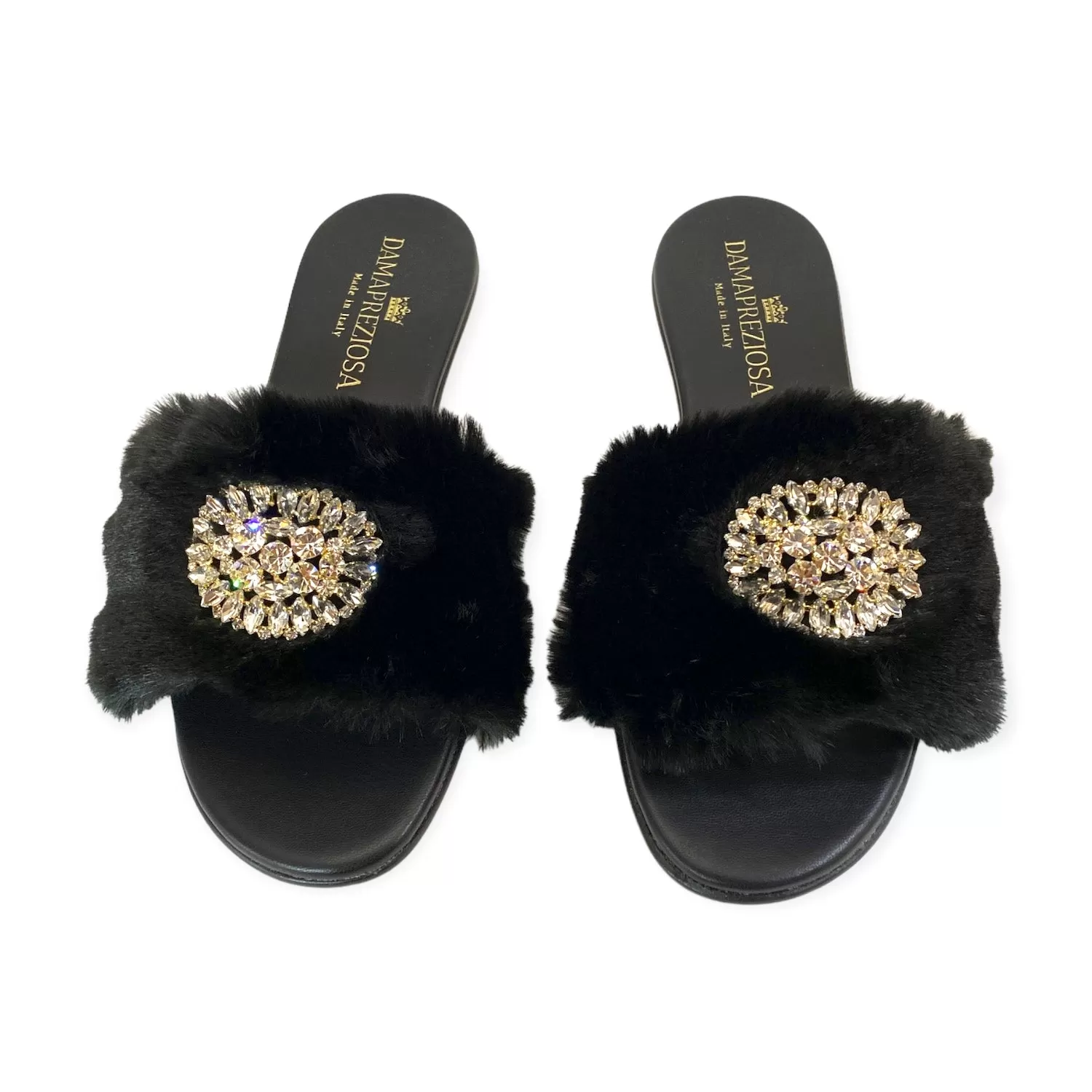 Victoria flat mule in black faux fur with crystals