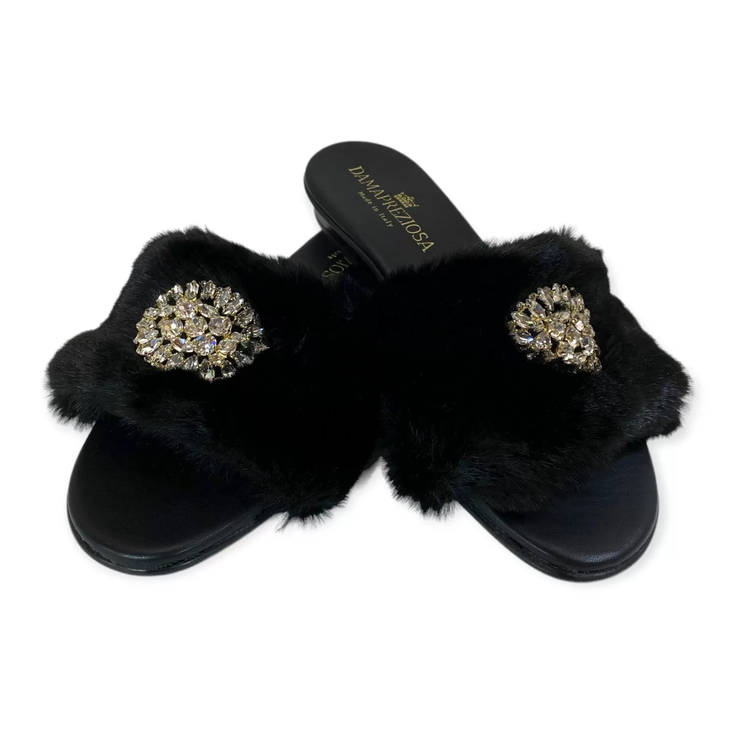 Victoria flat mule in black faux fur with crystals