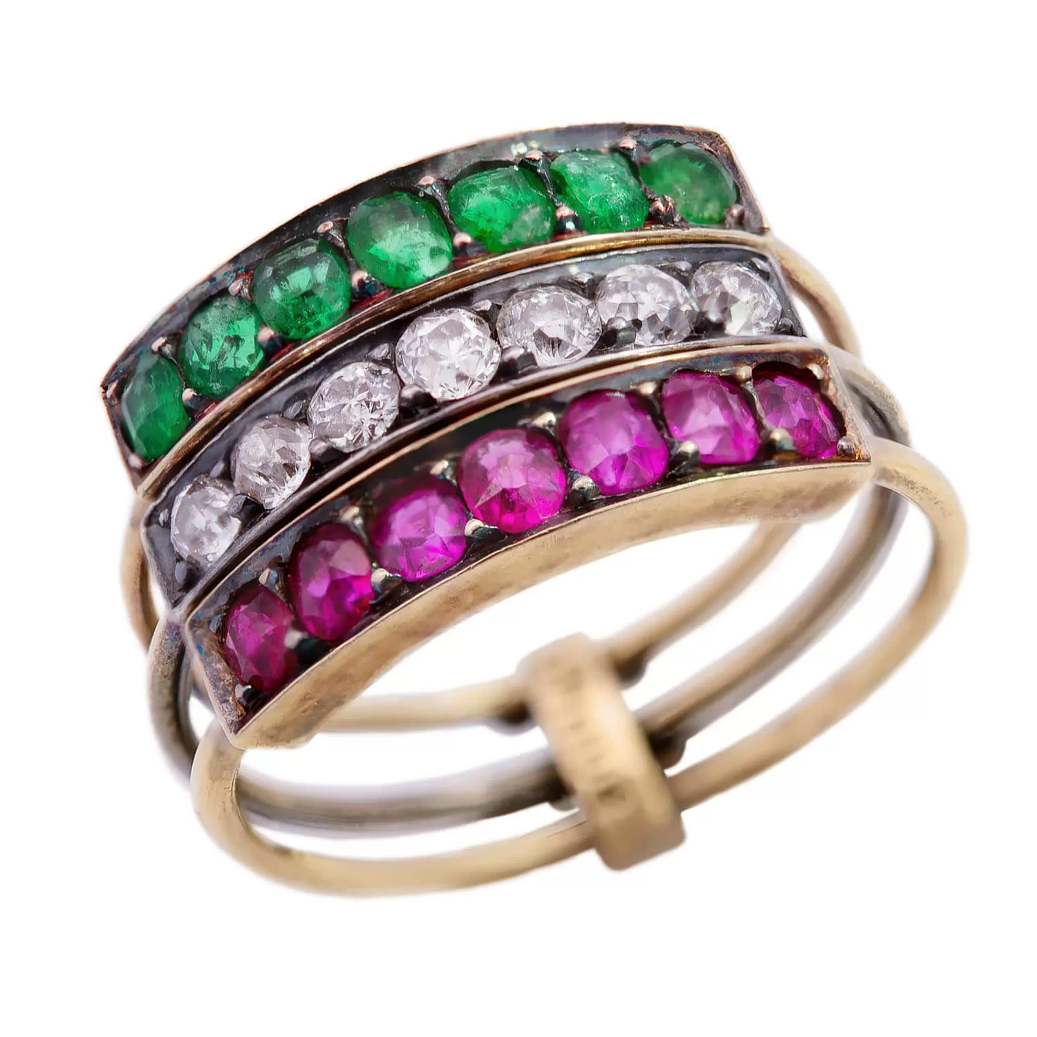 Victorian French 18k/Platinum Harem Emerald, Ruby & Diamond Three Band Ring