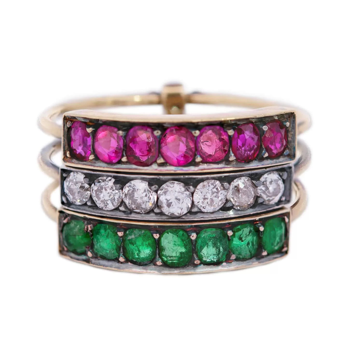 Victorian French 18k/Platinum Harem Emerald, Ruby & Diamond Three Band Ring