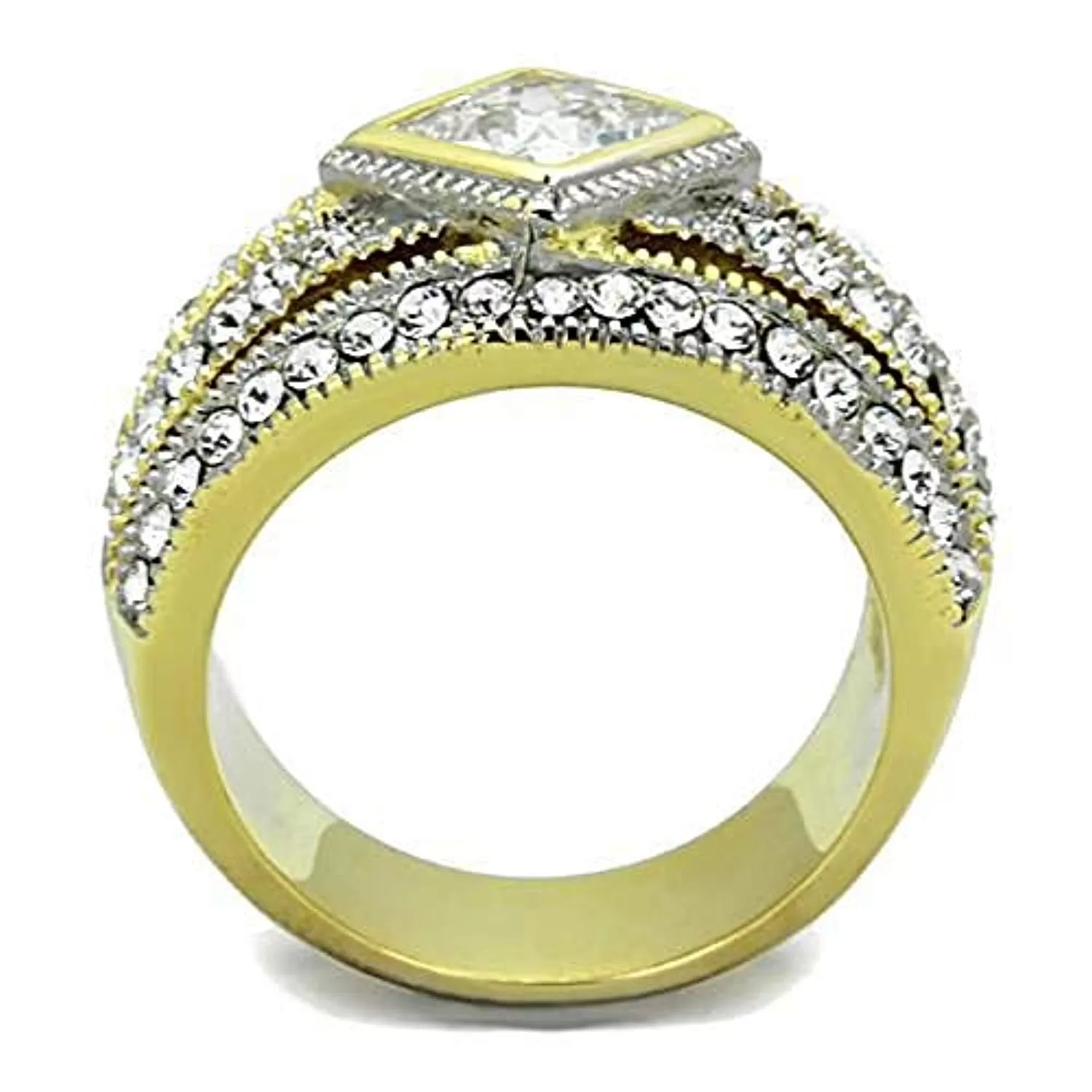 WildKlass Stainless Steel Ring Two-Tone IP Gold Women Diamond AAA Grade CZ Clear