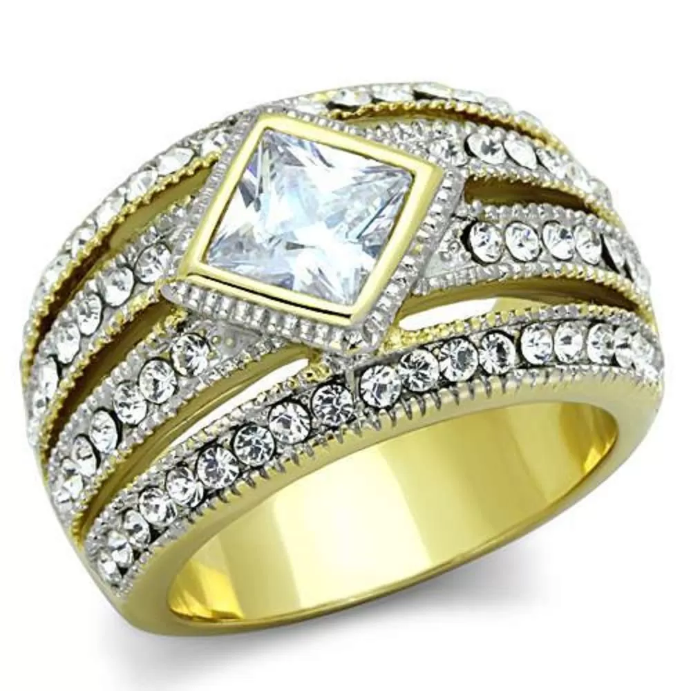 WildKlass Stainless Steel Ring Two-Tone IP Gold Women Diamond AAA Grade CZ Clear