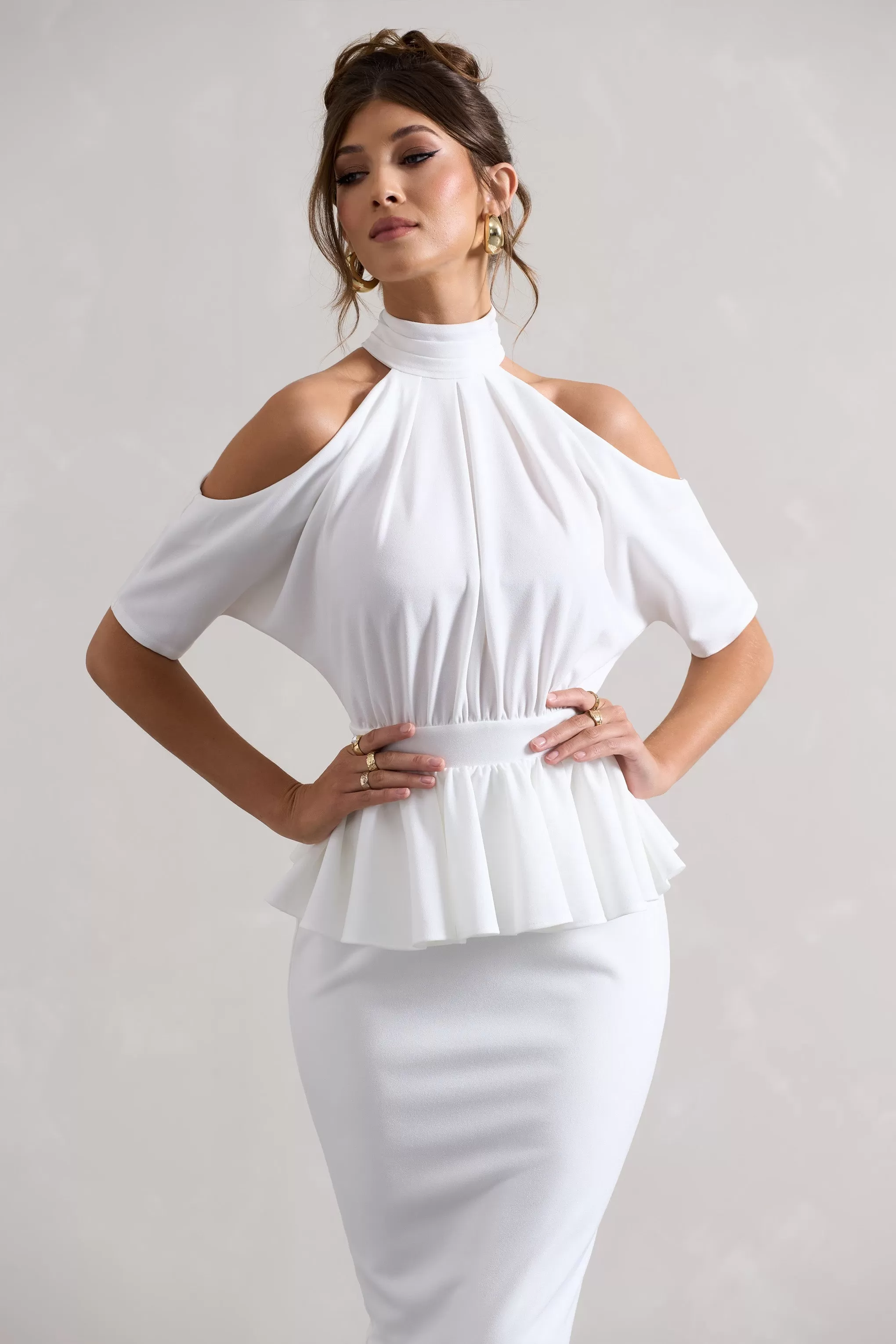 Yves | White High-Neck Cut-Out Midi Dress With Peplum Waist