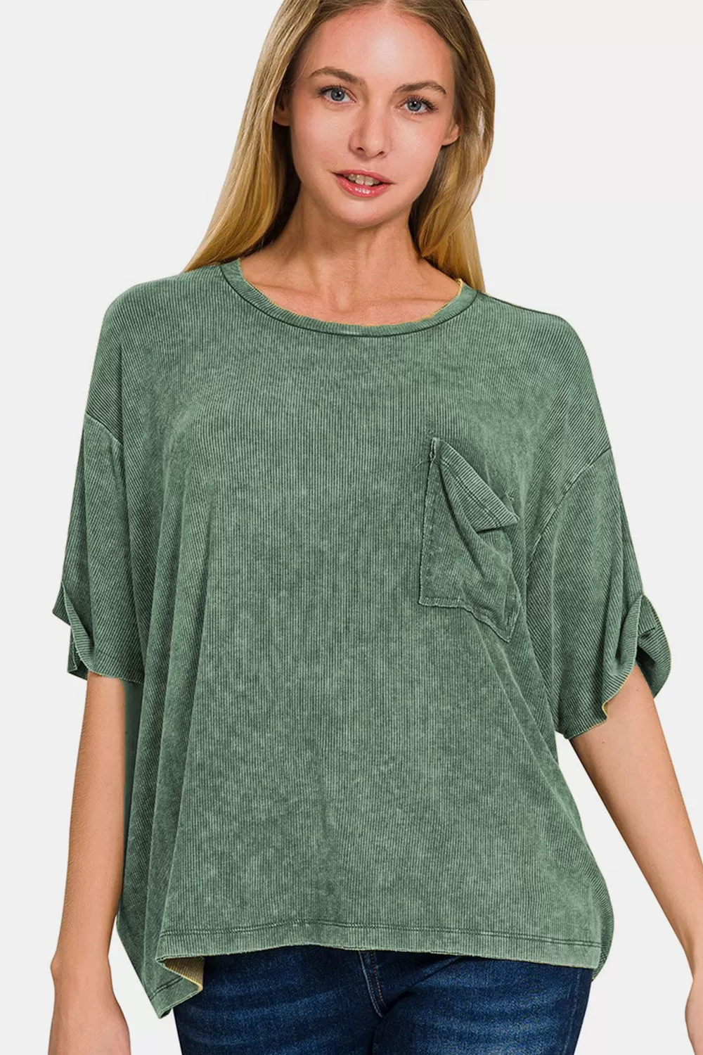 Zenana Ribbed Round Neck Drop Shoulder T-Shirt